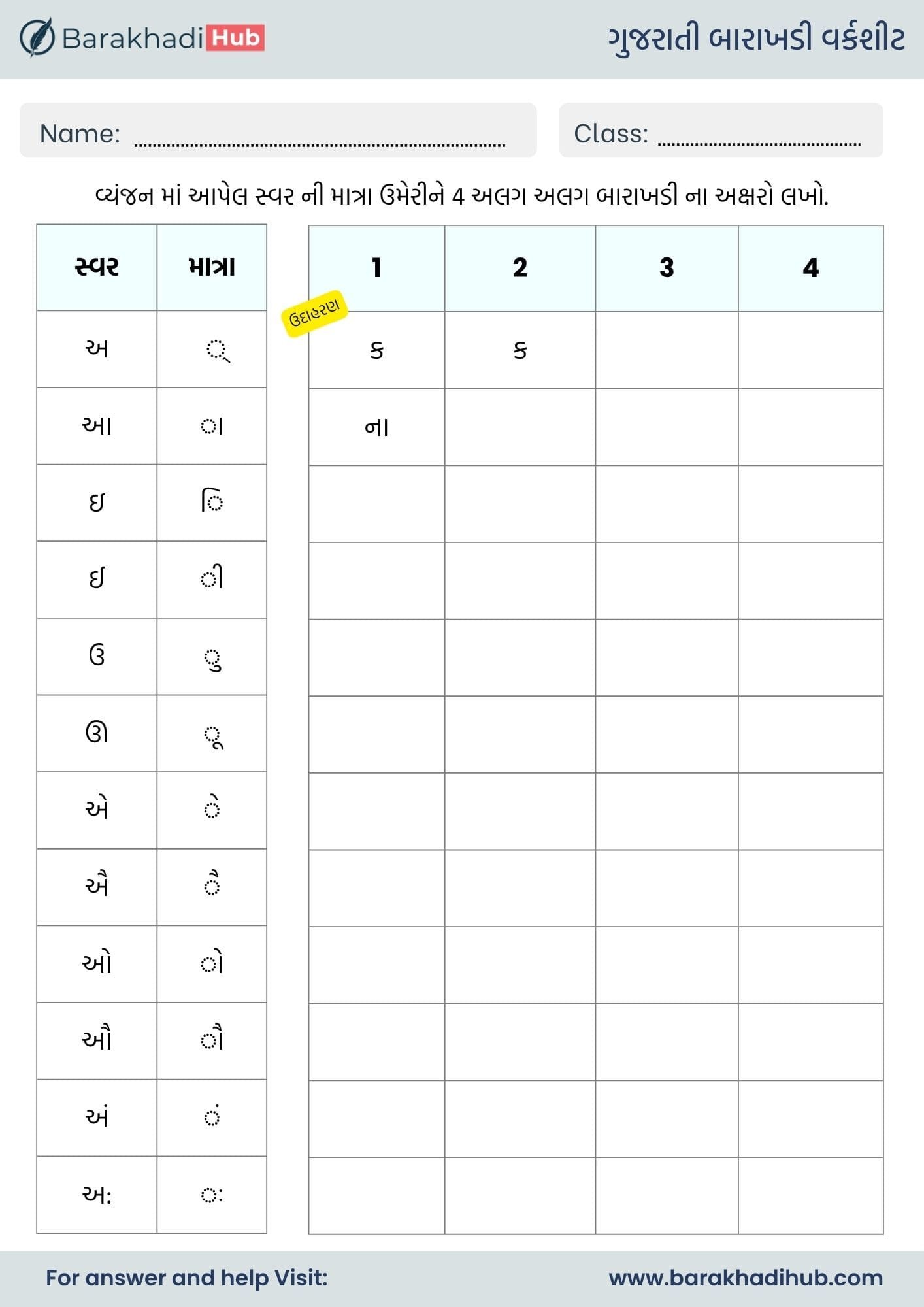 gujarati barakhadi worksheets with answers and pdf for kg and class 1